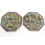 Two Persian tiles of octagonal form decorated with stylised birds and flowers within a blue