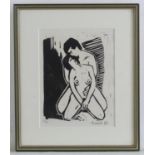 Indistinctly signed, XX, Expressionist, Limited edition monochrome woodcut, no. 2/6, A nude