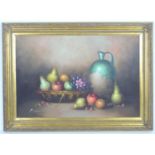 Frank Lean, XX, Oil on canvas, A still life study with fruit in a basket with a jug. Signed lower
