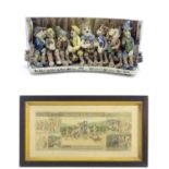 A Will Young ceramic group depicting the characters from Widecombe Fair seated on a tavern settle.