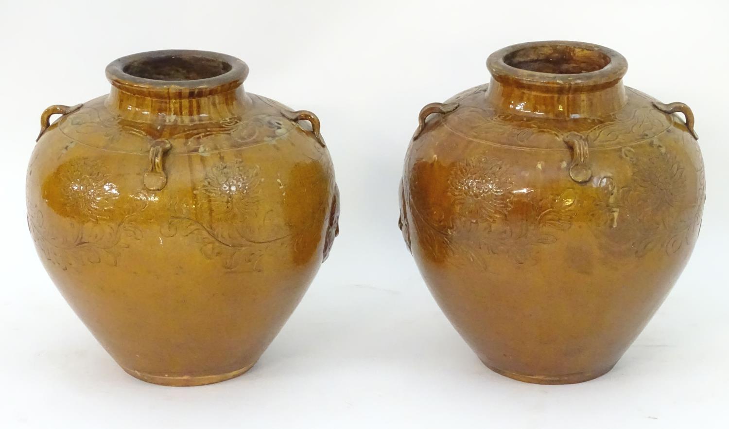 A pair of large Chinese earthenware salt glaze vases with applied handles and incised decoration - Image 3 of 9