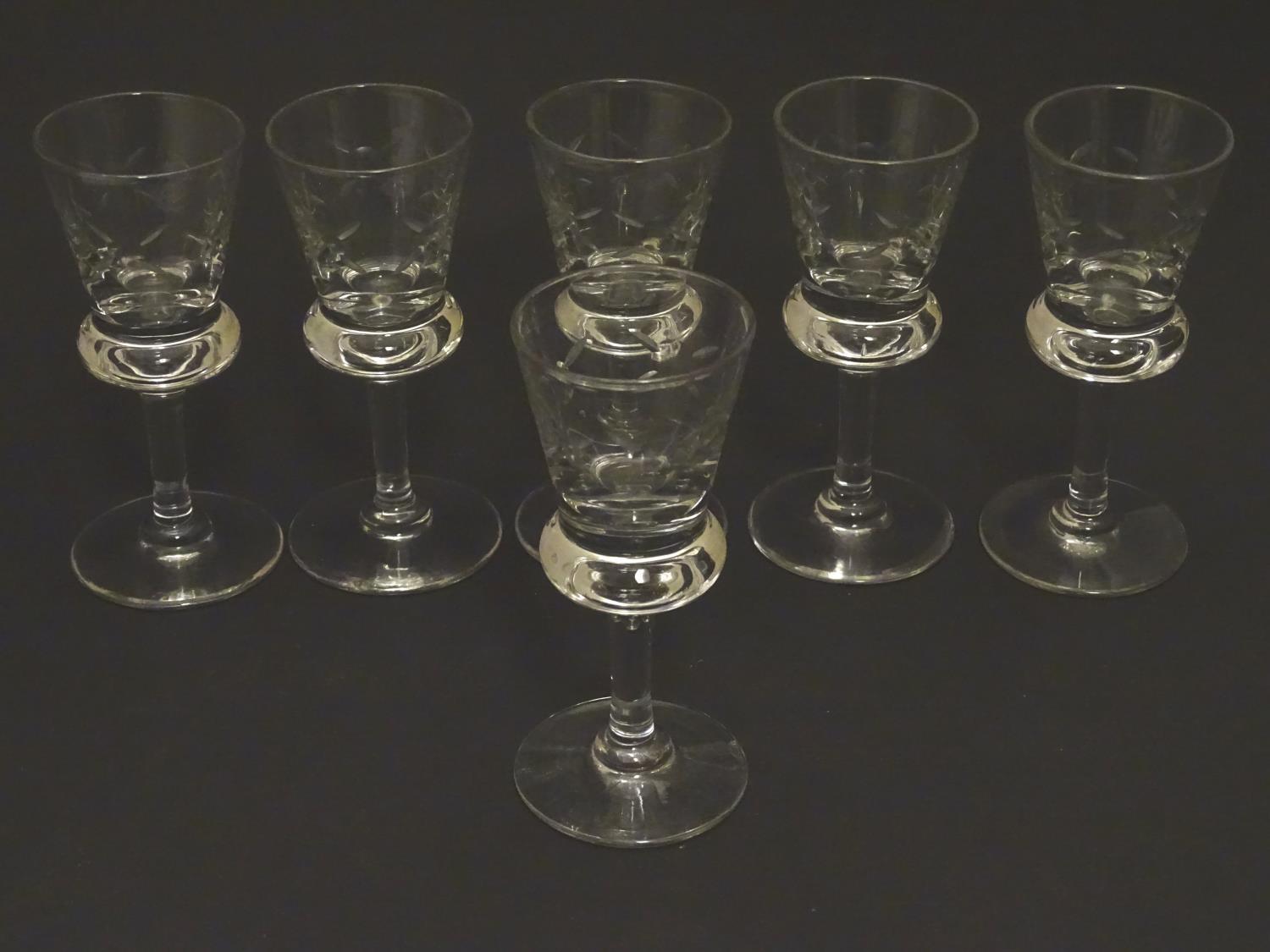 A set of six crystal sherry glasses formed as thistles, with cut roundel decoration, each 4 1/8" - Image 2 of 6