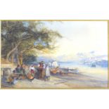 Initialled JMH, XX, Italian School, Watercolour, A landscape scene with figures with market
