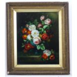 Godman, XX, Oil on panel, A still life study of summer flower blooms in a blue urn on a marble