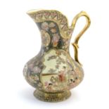 An Oriental jug / ewer with a bulbous body decorated with panels depicting ladies in a garden