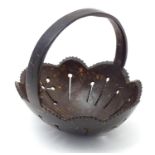 A late 19th / early 20thC coconut basket love token with pierced decoration. Approx. 4 1/2" high