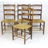 A set of four Arts & Crafts Clissett Bedale ladderback chairs with three shaped slats above envelope