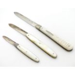 Three various mother of pearl handled fruit knives with silver blades. Hallmarked Sheffield 1893