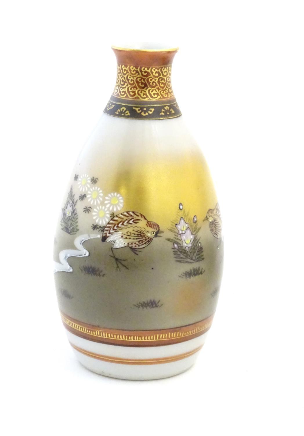 Three Japanese vases, comprising a pair decorated with a landscape scene with quail birds and - Image 10 of 11