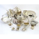 Assorted silver plated items to include tea set, salvers, trays, salts, cake basket etc Please