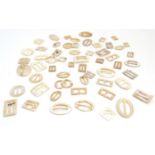 A quantity of mother of pearl buckles of rectangular, circular and oval form. Approx. 2 1/4" x 1 1/