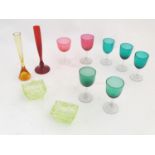 Assorted glass items to include cranberry and green glass drinking glasses, Art Deco lime green