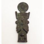 A bronze Mesoamerican model of a sun god figure, possibly Aztec. Approx. 6" high Please Note - we do