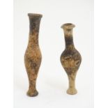 Two terracotta spindle bottle vases / perfume flasks, possibly Etruscan / Ancient Greek style.