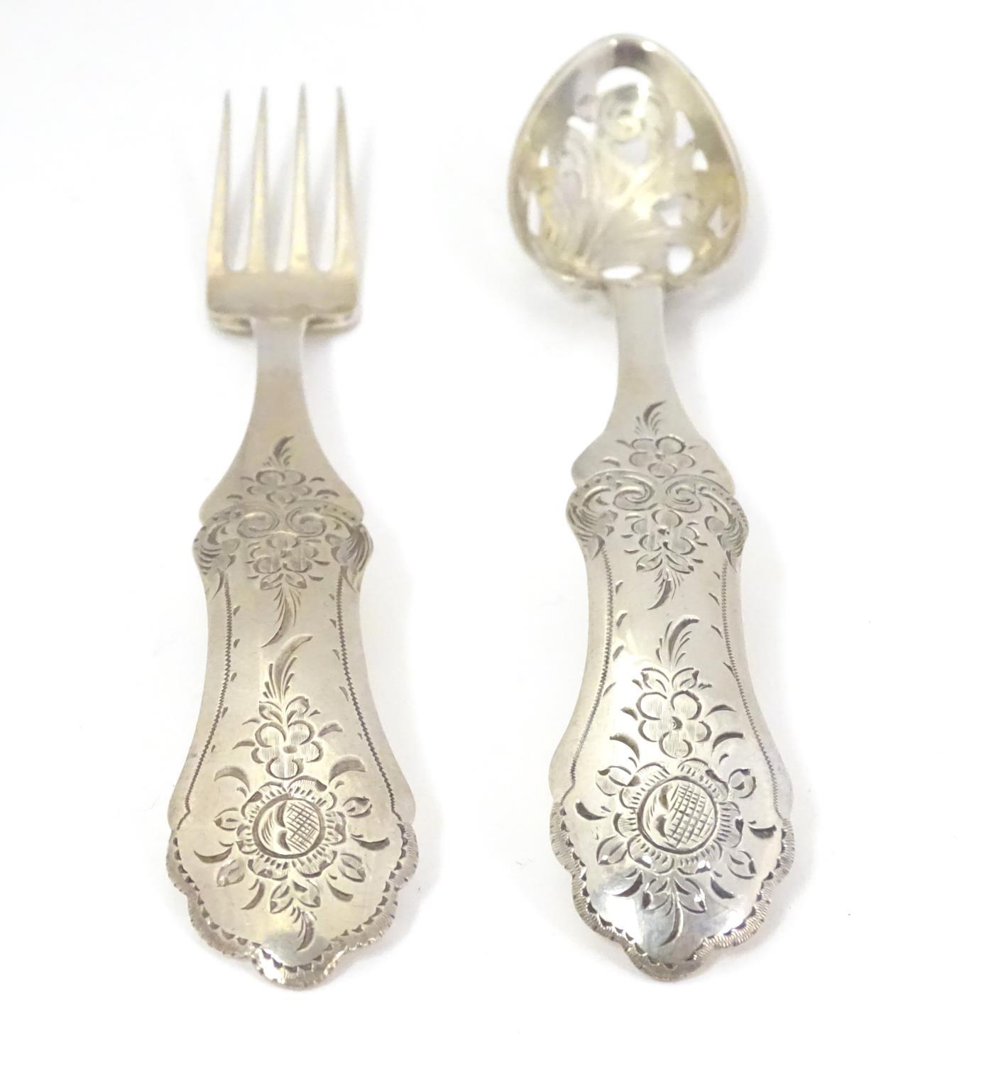 A 19thC Dutch silver spoon with pierced detail to bowl and fork with engraved decoration to handles. - Image 3 of 6