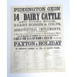 Local interest, a Victorian auction advertising poster, Piddington, Oxon / Bucks: livestock, corn,