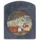 19th / 20th century, Oil on copper, A portrait of a man seated by a brick and stone wall. Approx. 8"