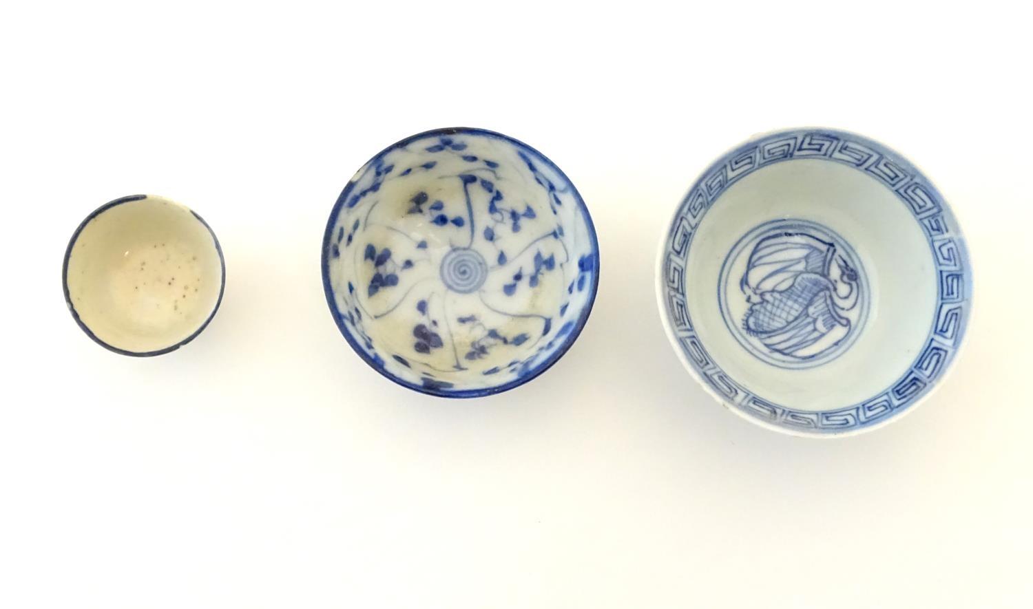 Three assorted Oriental blue and white wares to include sake cup, tea bowls etc. Character marks - Image 3 of 12