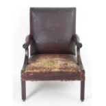 A mid / late 18thC Gainsborough open armchair with swept arms having carved detailing and standing