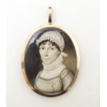 A 19thC English School watercolour and bodycolour portrait miniature depicting a woman in a bonnet