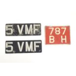 Vintage cars, motoring: a pair of vintage British vehicle number plates, black with silver