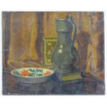 19th century, Continental School, Oil on canvas, A still life study with a pewter water jug, a bowl,