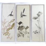 Three 20thC Chinese embroideries, comprising a bird in flight above branches of blossom, a crane