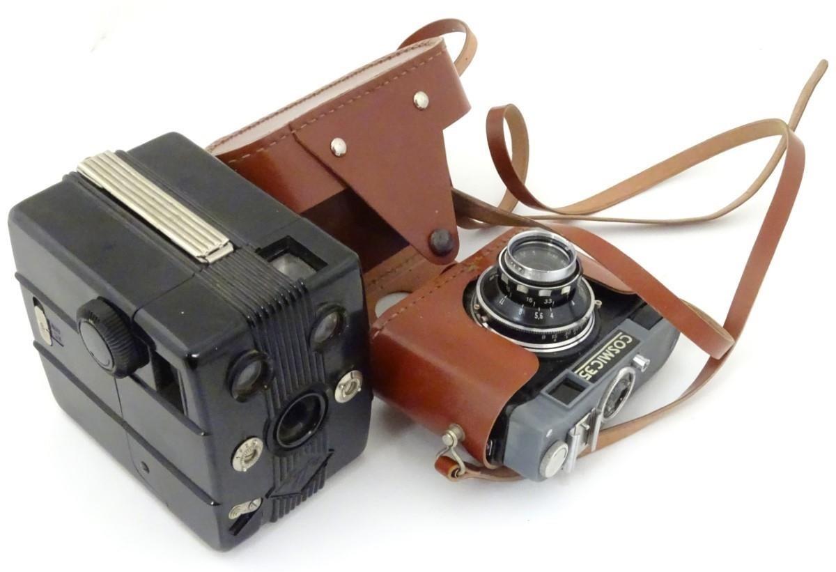 A mid 20thC USSR Cosmic 35 cased 35mm film camera, together with a Agfa Bakelite cased box camera (