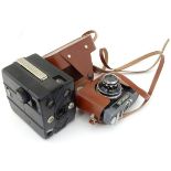 A mid 20thC USSR Cosmic 35 cased 35mm film camera, together with a Agfa Bakelite cased box camera (