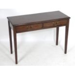 A 19thC mahogany side table with a moulded top above two short drawers and brass swan neck