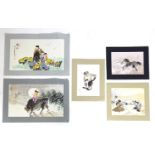 Five Oriental watercolours to include to a seated monkey, two horses galloping, ducks in a wetland