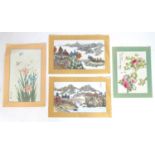 Four Oriental watercolours to include roses with bees, iris flowers with butterflies and two landsc