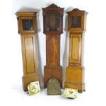 Three 19thC oak long case clock cases with movements, including a painted dial marked 'Player,