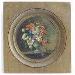 19th century, Oil on copper, A still life study of flowers in a vase and grapes on a ledge.