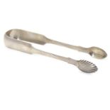 Scottish Provincial silver fiddle pattern sugar tongs with shell form grips, bearing marks for