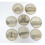 A collection of eight polychrome roundel prints depicting London architecture: Westminster Abbey,