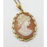 A 9ct gold cameo pendant on a gilt metal chain. The pendant 1 1/2'' long Please Note - we do not