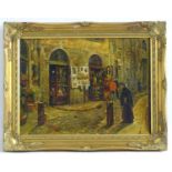 20th century, Italian School, Oil on canvas, An antiques shop front on a cobbled street. Approx.