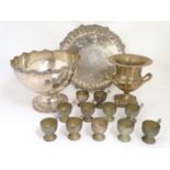 Assorted silver plated wares comprising a large silver plate tray, punch bowl, 11 punch cups,