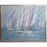 Lee Reynolds, 20th century, Oil on canvas, Sailing boats at sea. Signed lower right. Approx. 39 1/4"