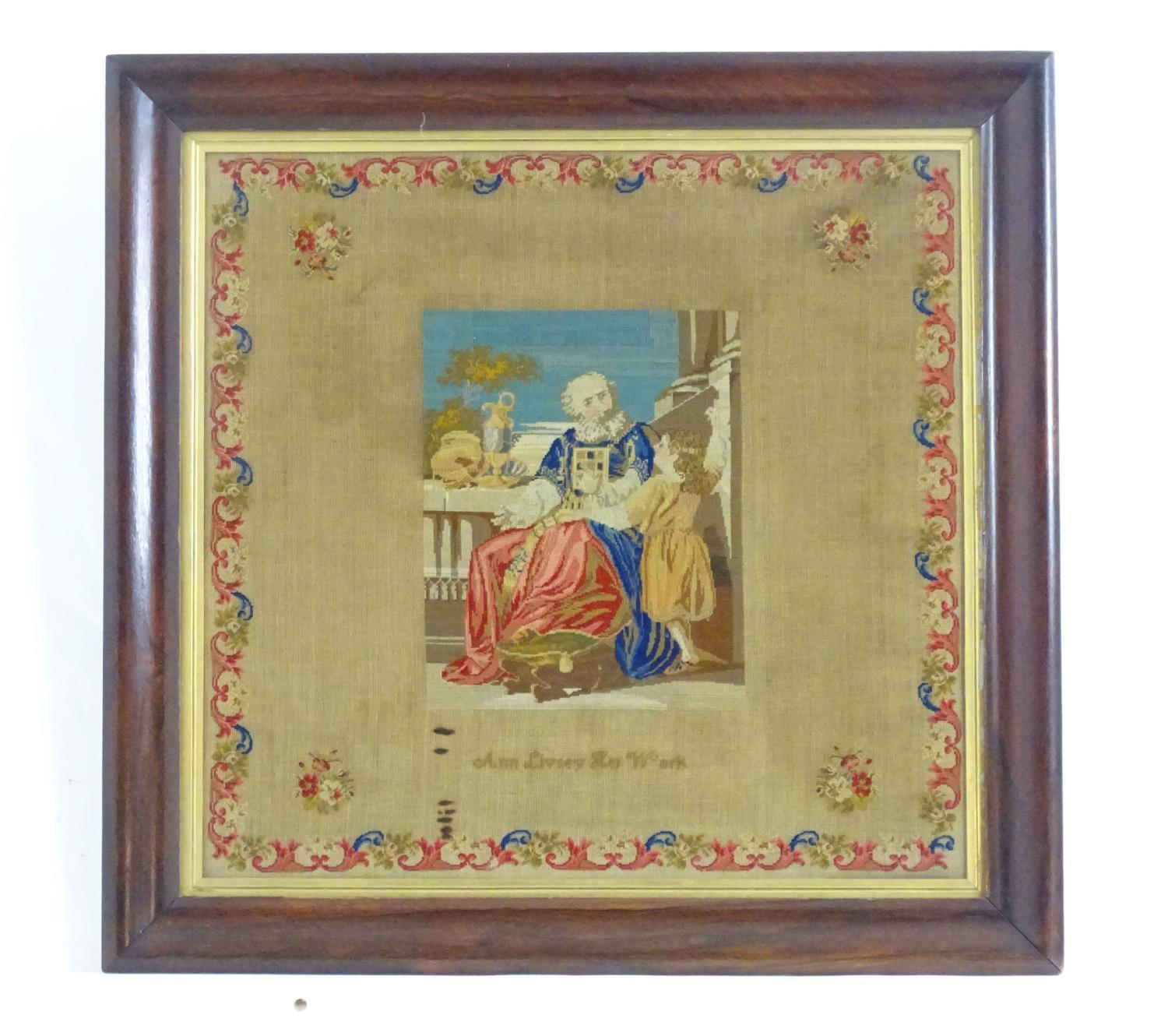 An early 20thC needlework / embroidery / tapestry sampler depicting a philosopher and student in a
