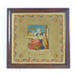 An early 20thC needlework / embroidery / tapestry sampler depicting a philosopher and student in a