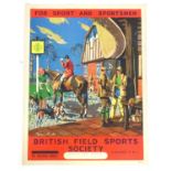 A British Field Sports Society poster For Sport and Sportsmen. Depicting a country pub scene with