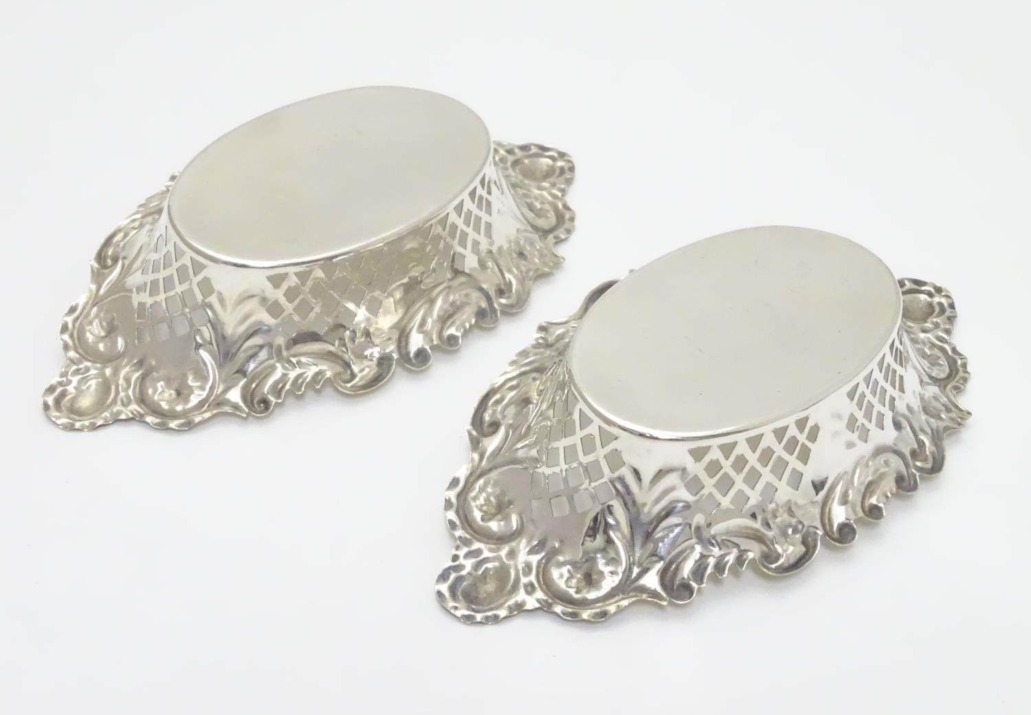A pair of silver plate bon bon dishes with pierced decoration. Approx. 6" long (2) Please Note - - Image 5 of 5