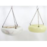 Two pedant glass shades with faux marble detail and hanging chains. The largest approx 15"