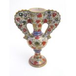 A late 20thC Italian Gu-shaped vase with large wavy edged handles with pierced decoration, decorated