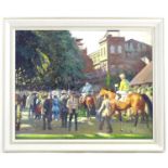 20th century, English School, Oil on canvas, Old Ascot, Horses and jockeys with spectators at