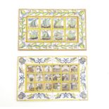 Two Continental polychrome tiles comprised of assorted tiles depicting boats, figures etc. Approx.