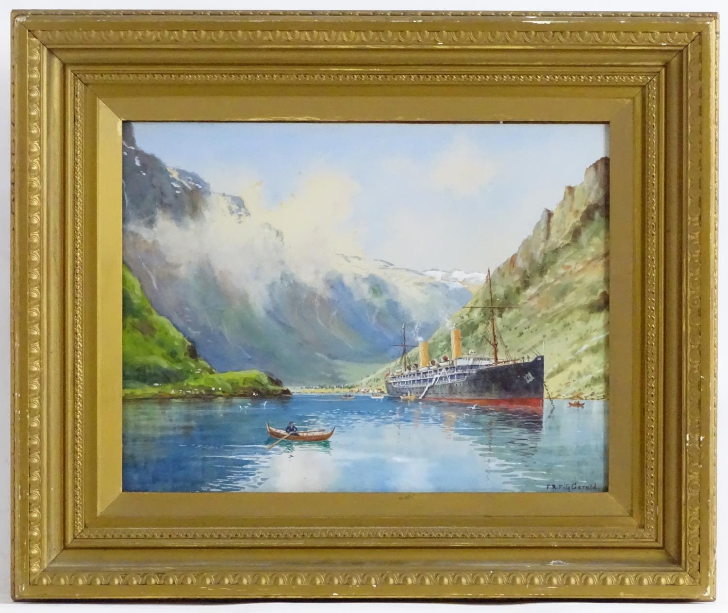 Frederick R. Fitzgerald (1869-1944), Watercolour, An ocean liner in a Fjord with rowing boats and