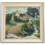 Elizabeth Fearnside, 20th century, Oil on canvas, A landscape scene with a stream and a village